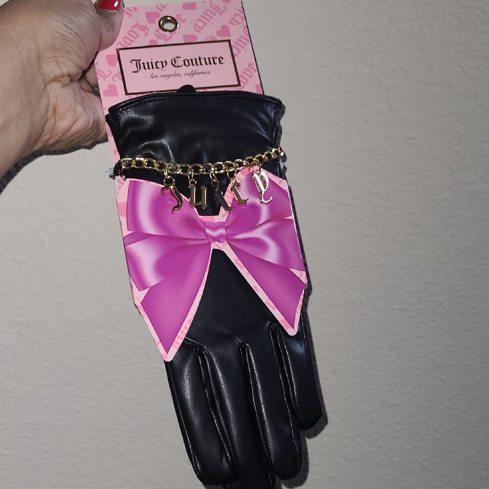 Juicy Couture Black and Pink Gloves with Gold Charm - OSFM